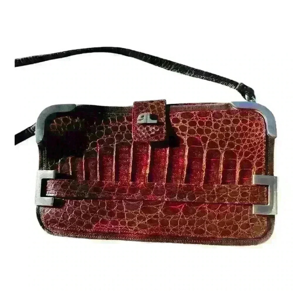 Vintage Brown Crocodile‎ Leather Envelope Handbag Clutch Crossbody Hand Strap - Picture 8 of 16